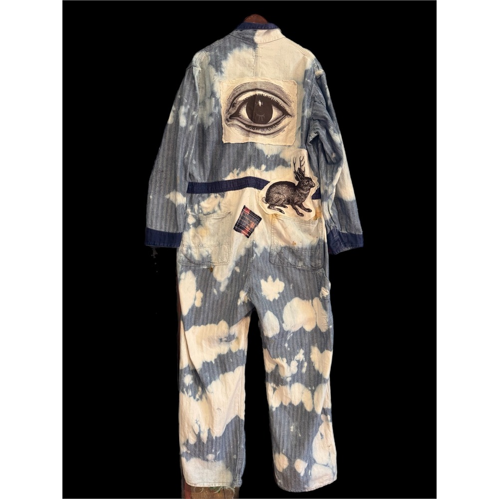 Vintage 70s Denim Coveralls Upcycled Eye Patch Bleach Dye Folk Art size 46 mens
